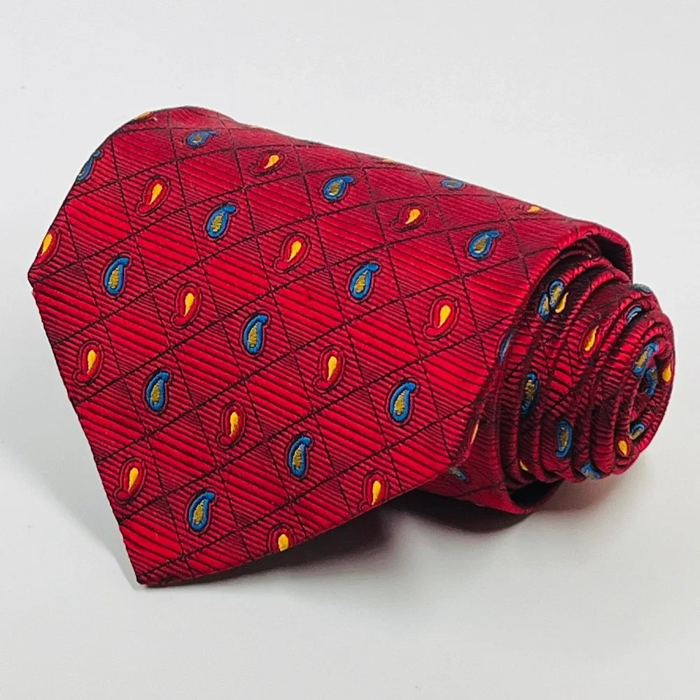 Harold Powell Silk Necktie‎ Mens OS Red Paisley Diamond Handmade Italy Wide Tie